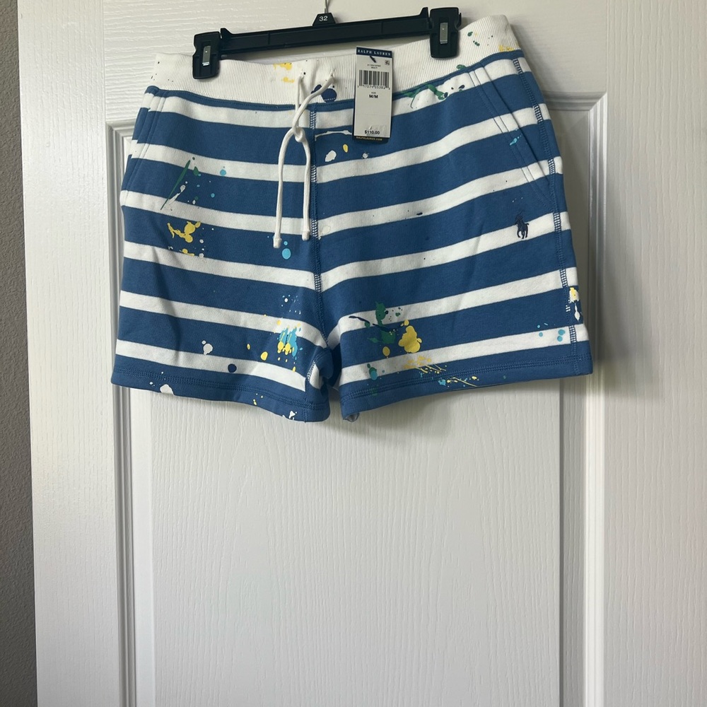 Ralph Lauren Blue and White Striped Shorts with Paint Accents
